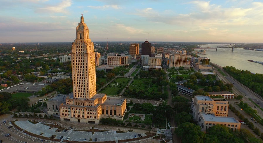 0021 Awesome epic Louisiana state capital baton rouge in background drone aerial view