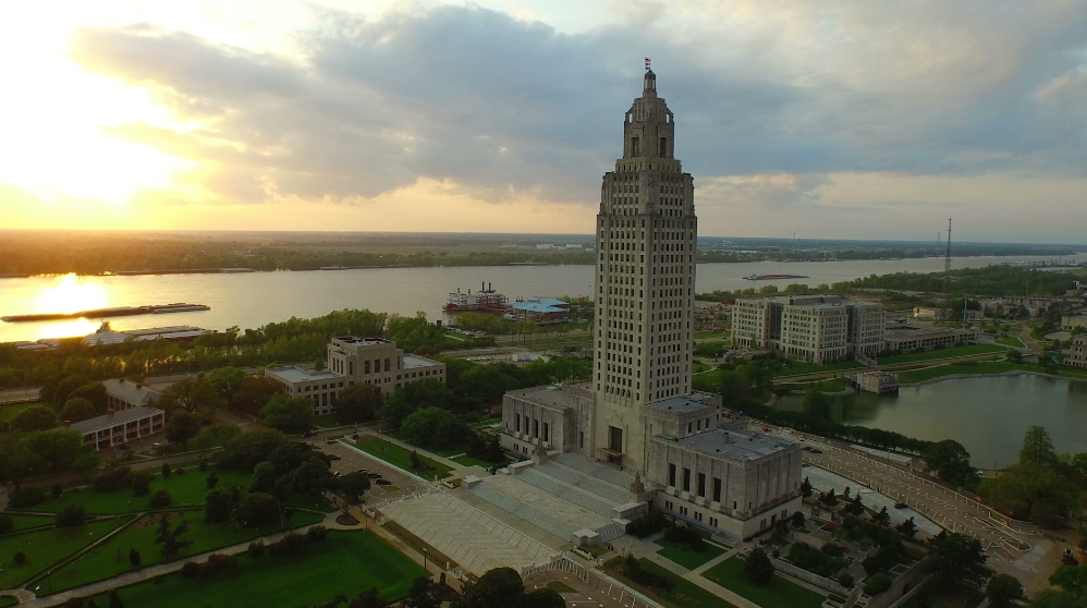 0010 Awesome aerial drone arc right Louisiana State Capitol during sunset 1