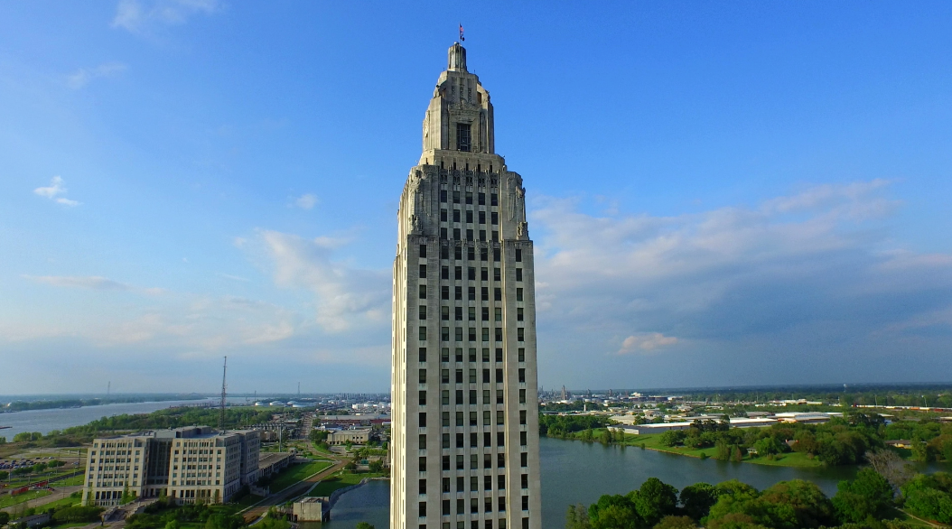 0015 dramatic aerial drone boom up Louisiana State Capitol