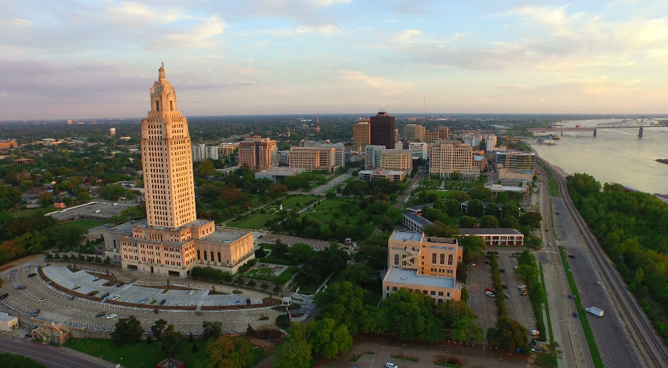 0018 Baton Rouge skyline past Louisiana State Capitol aerial drone