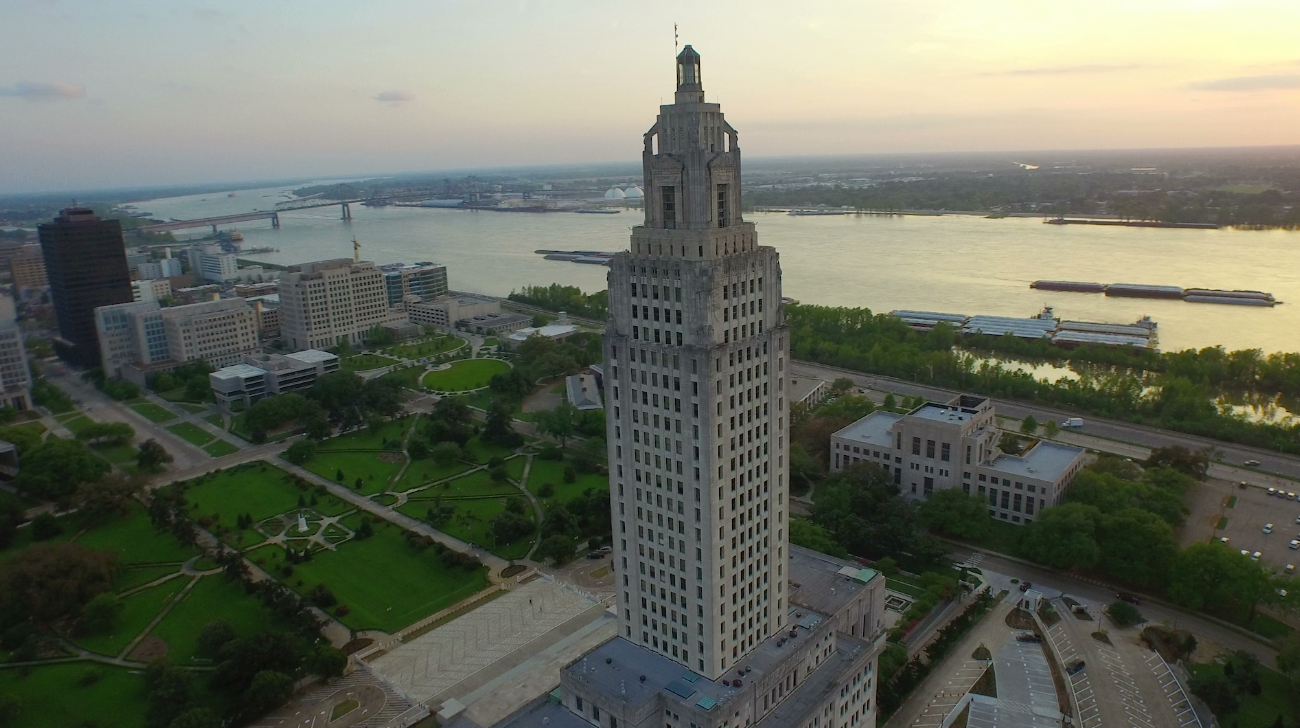 0019 louisiana state capital at sunset drone aerial view