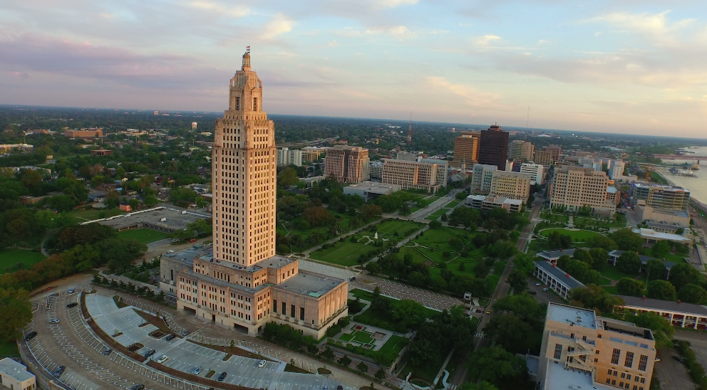 0020 Louisiana state capital baton rouge downtown skyline in background aerial drone view