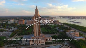 0009 Louisiana State Capitol aerial drone arc right during golden hour