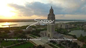 0010 Awesome aerial drone arc right Louisiana State Capitol during sunset 1