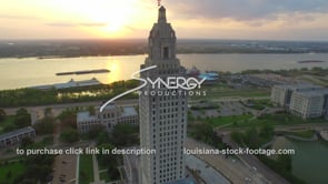 0011 Louisiana State Capitol during sunset drone aerial arc right