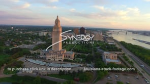 0016 aerial drone arc around Louisiana State Capitol with baton rouge skyline