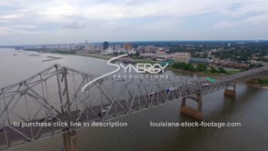 0092 Wide aerial drone view from Mississippi river bridge Baton Rouge skyline dolly right 3