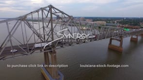 0093 Epic aerial ascent from bridge to Baton Rouge downtown skyline aerial drone view